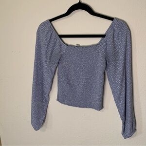 American Eagle Powder Blue Polka Dot Balloon Sleeve Smocked Crop Top Small